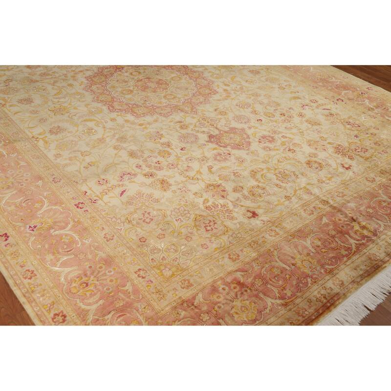 Hand Knotted Oriental 100% Wool Carpet Traditional Floral Beige & Ivories Tabriz Area Rug - 11' 0'' X 8' 4''