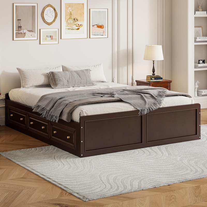 Queen Size Platform Bed Frame with 6 Under-Bed Storage Drawers, Sturdy Wood Construction, No Box Spring Needed