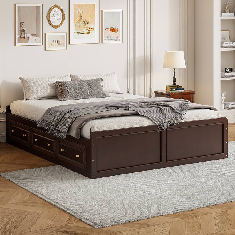 Wood Queen Size Platform Bed Frame with 6 Storage Drawers Sturdy and Space Saving Design