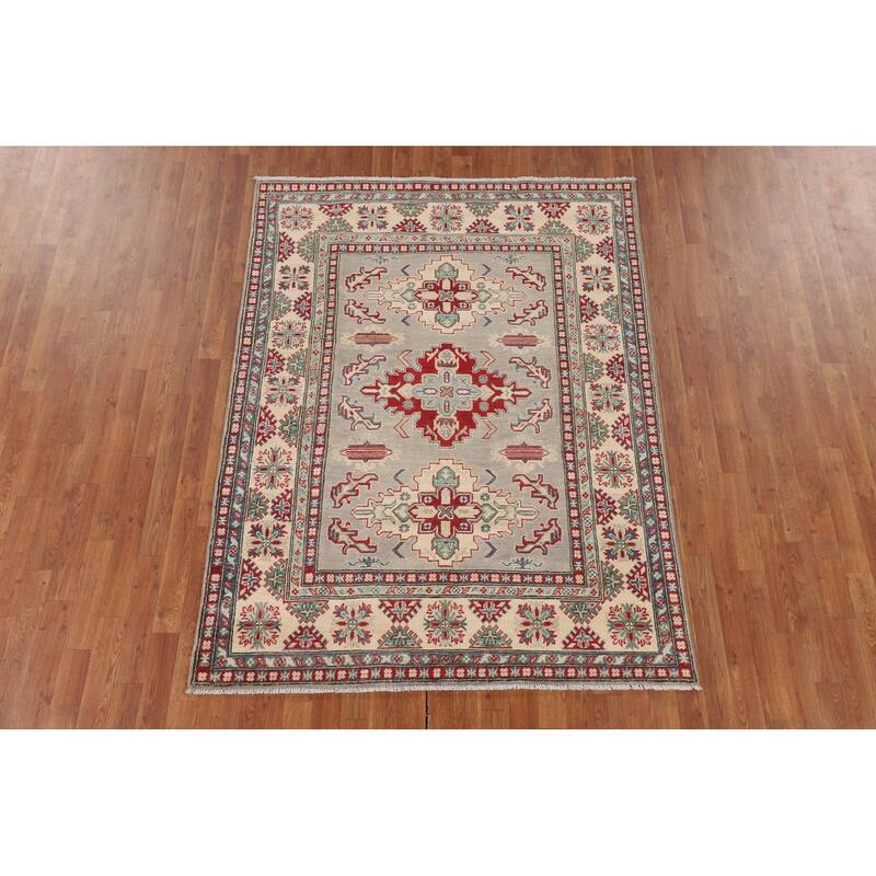 Grey Traditional Kazak Oriental Area Rug Hand-Knotted Wool Carpet - 5'0" x 6'8"