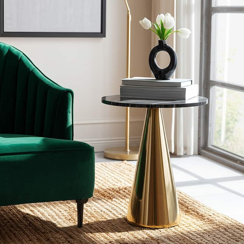 Marble Metal Side Table Round Top Sleek Narrow Base - 22" Grey - 22.25"