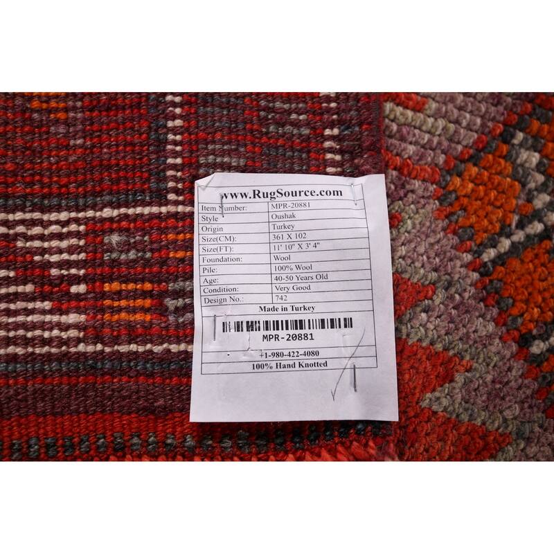 Oushak Turkish Vintage Runner Rug Hand-Knotted Tribal Wool Carpet - 3'4"x 11'10"