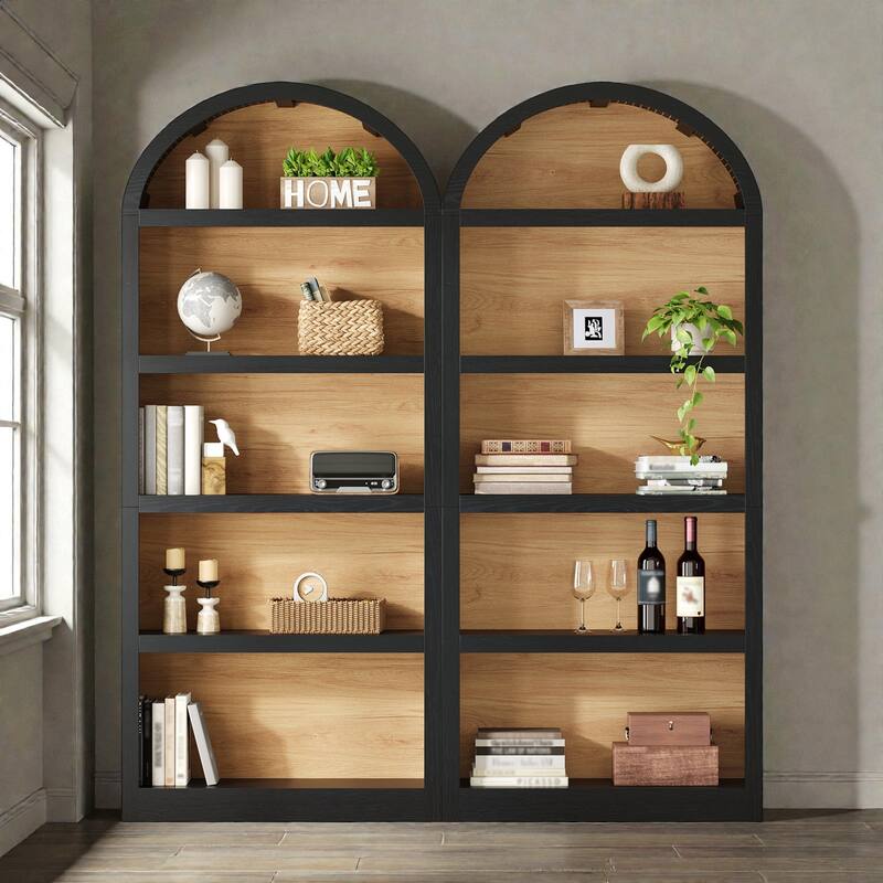 Farmhouse Tall Bookshelves Set of 2, Two Tone Arched Open Bookcase with Fabric Top, 5 Tier Storage Cabinet - Black