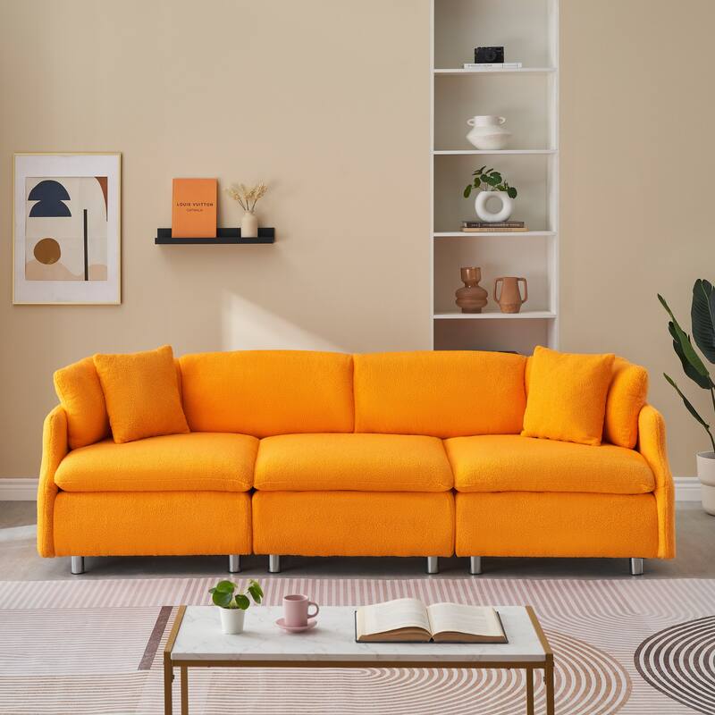 3-Seat Velvet Sofa with Teddy Fabric and Throw Pillows for Cozy Spaces - Orange