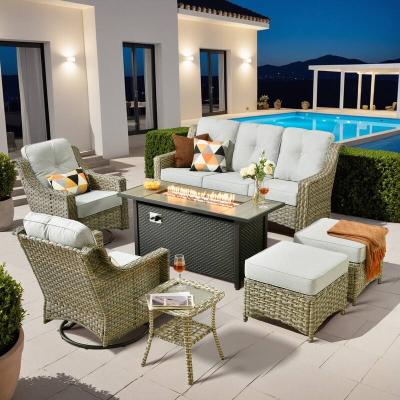 ​​OVIOS 7 Pieces Outdoor Wicker Swivel Chair Set with 54" Fire Table​