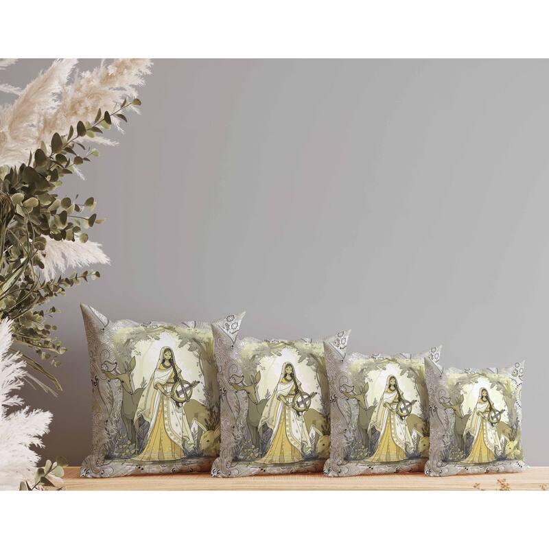 Forest Melodies Indoor/Outdoor Reversible Throw Pillow White and Yellow