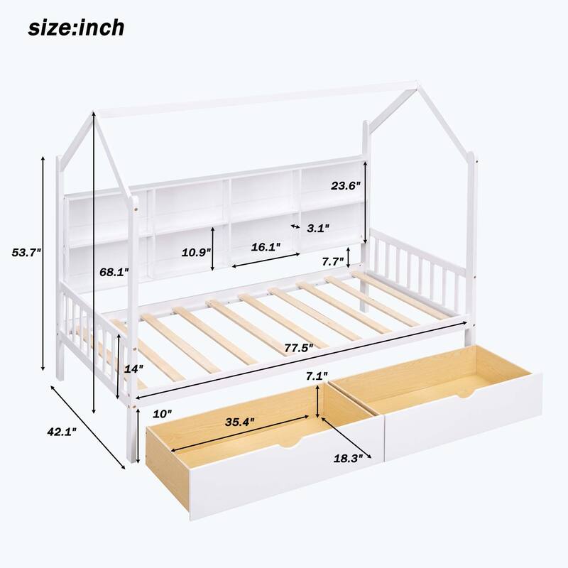 Comfortable Wooden House Bed with 2 Drawers,Kids Bed with Storage Shelf