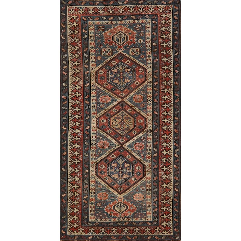 Hand Knotted Oriental 100% Wool Carpet Traditional Tribal Navy Blue & Blues Kazak Area Rug - 8' 6'' X 3' 8''