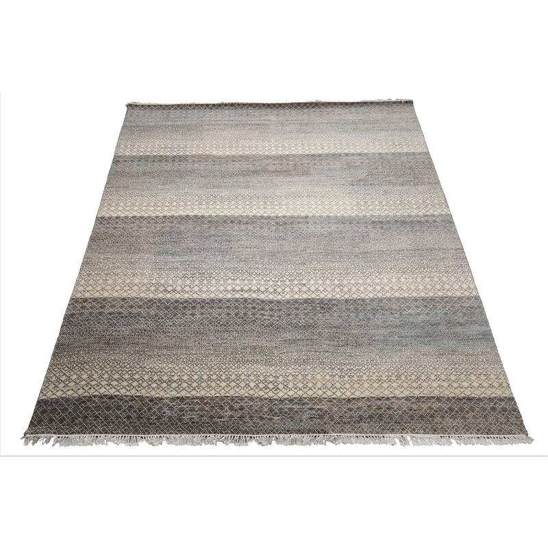 Beige Tibetan Wool & Bamboo Silk Hand Knotted Rug Geometric Style - 8' x 10'