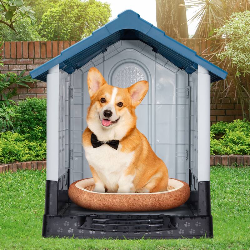 Plastic Dog House with Air Vents, Elevated Floor, Insulated Outdoor Indoor Kennel for Small Dogs
