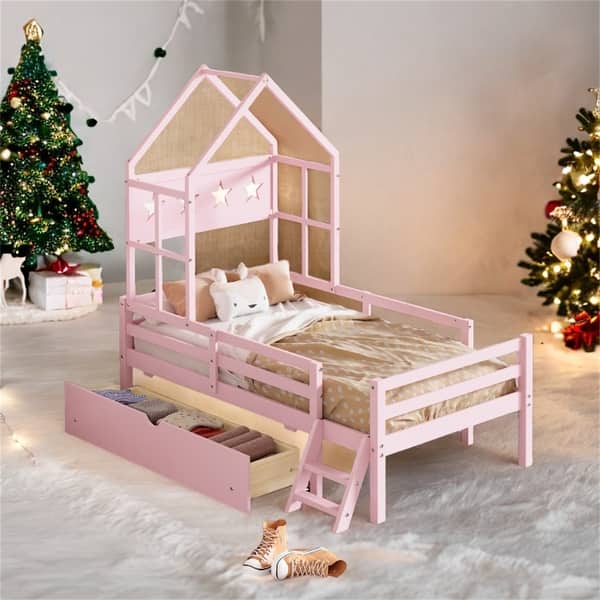 slide 2 of 5, Wood Twin Size House Platform Bed with Guardrail and Under-Bed Drawer Pink
