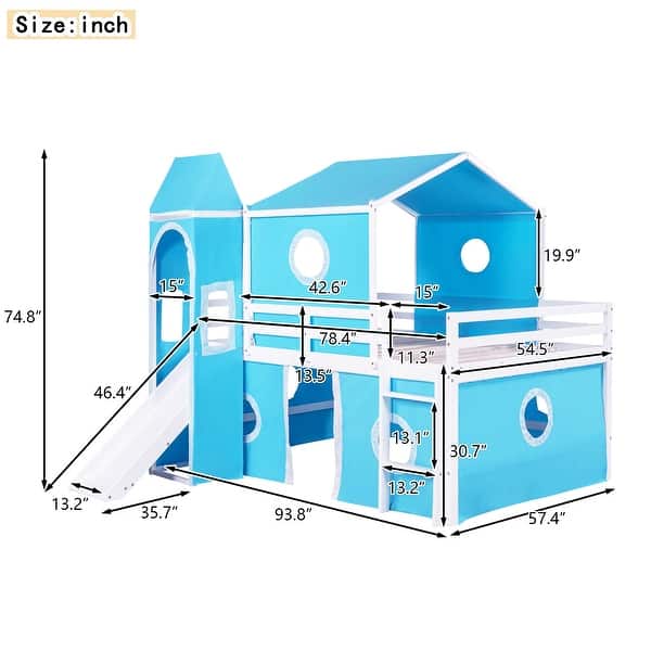 dimension image slide 1 of 2, Fun and Durable Full Bunk Bed with Slide, Castle Elements, and Semi-Enclosed Space for Kids, Strong Support and Safety Features