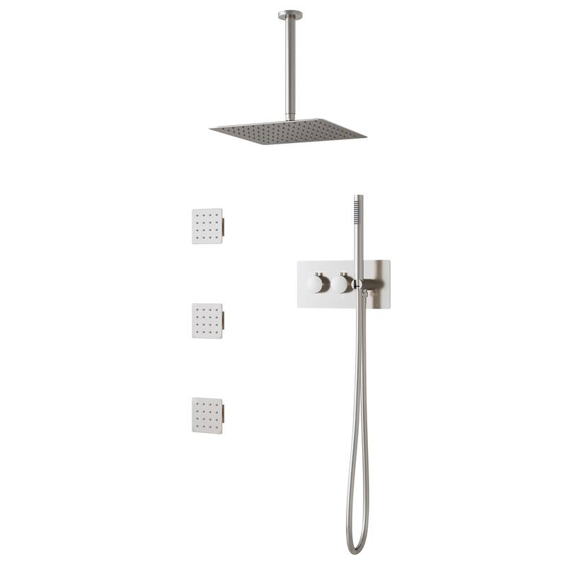 3-Function Ceiling-Mounted Shower System With 12" Ultra-Thin Square Shower Head,Body Jets And Hand Shower(Valve Included)