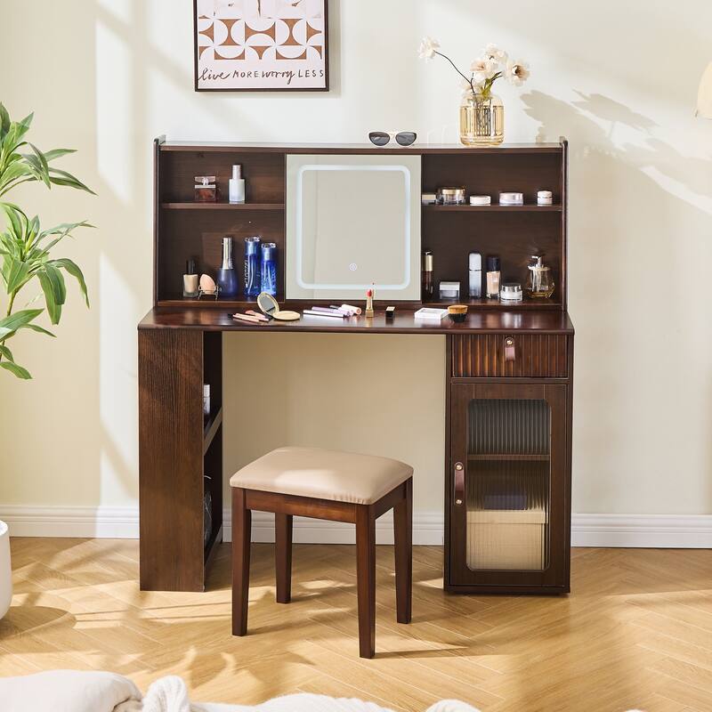 Elegant Makeup Vanity Desk with 3 Modes Adjustable Lighted Mirror, Large Shelves, Drawer and Canbinet - Walnut - 1-drawer