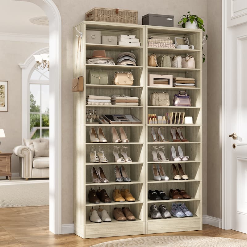 Freestanding 10-Tier Shoe Storage Cabinet,Narrow Wood Shoe Rack Shoe Organizer,Sturdy Closet Organizer Open Display Cabinet - Set of 2(35.4'' W) - White Oak