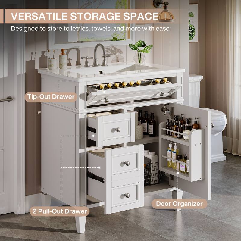36'' Freestanding Bathroom Vanity with Integrated Ceramic Sink, Tip-Out Drawer, Door Organizer
