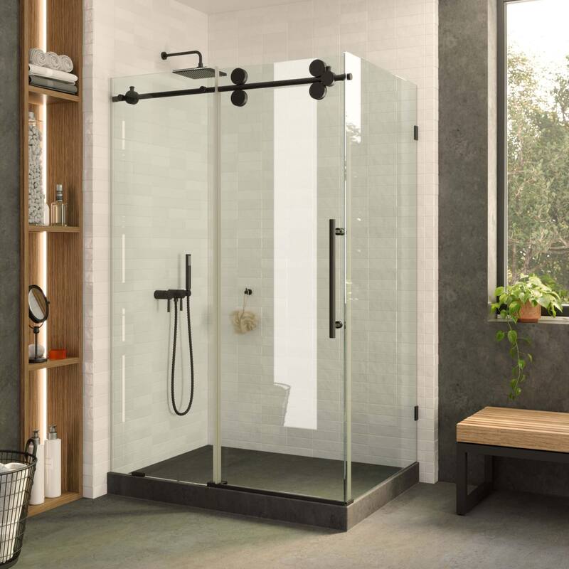 Fine Fixtures Frameless Shower Enclosure Sliding Shower Glass Door - Tempered Glass - 48 Inch - Black