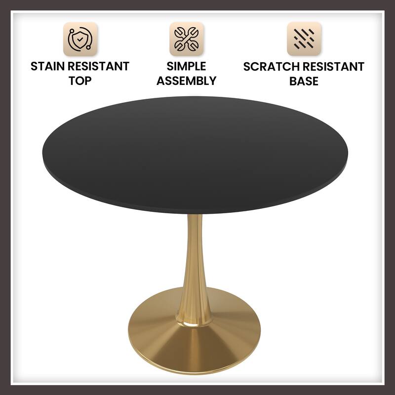 Bristol 31-inch Round Dining Table, Gold Pedestal Base Kitchen Table, Easy-Clean Scratch Resistant Surface, Floor Protectors