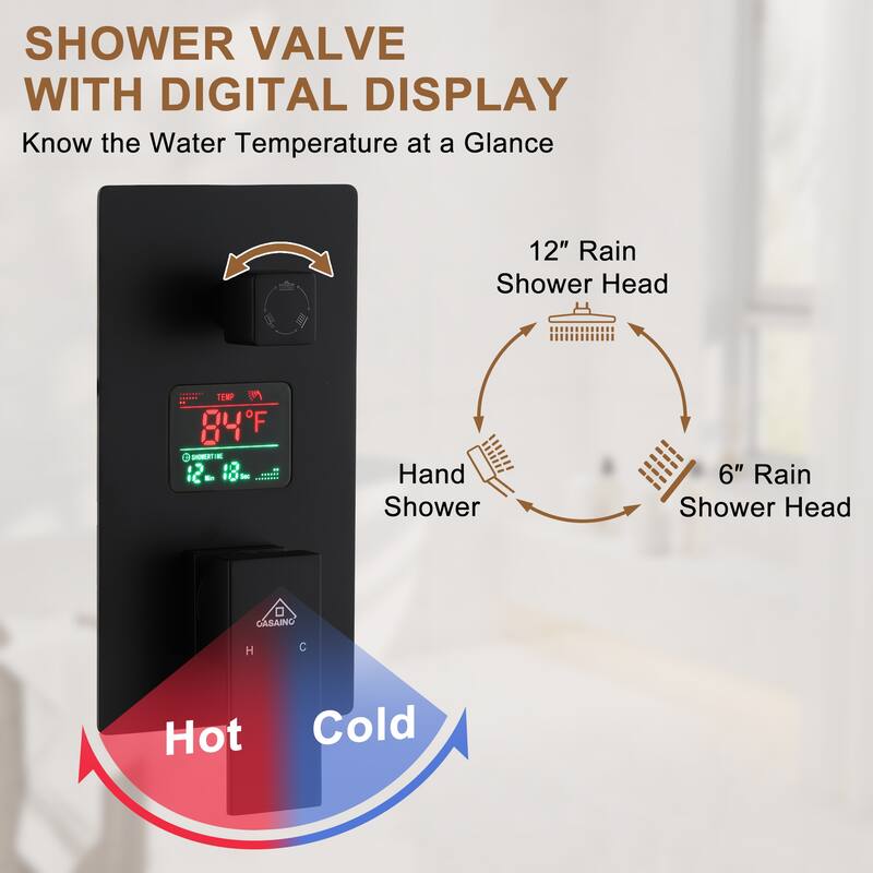 CASAINC Dual Heads 12 Inch Ceiling Mounted Square Shower Head Shower System with Handheld Shower Digital Display Shower