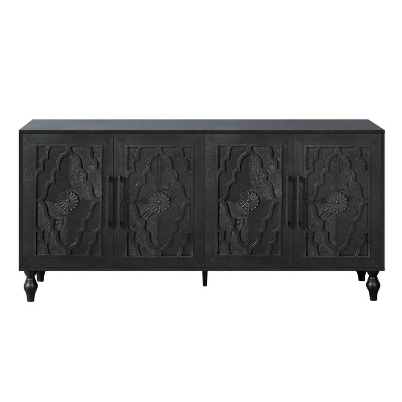 Carved Floral Door Large Storage Cabinet with Metal Handle for Living Room, Kitchen, Entryway