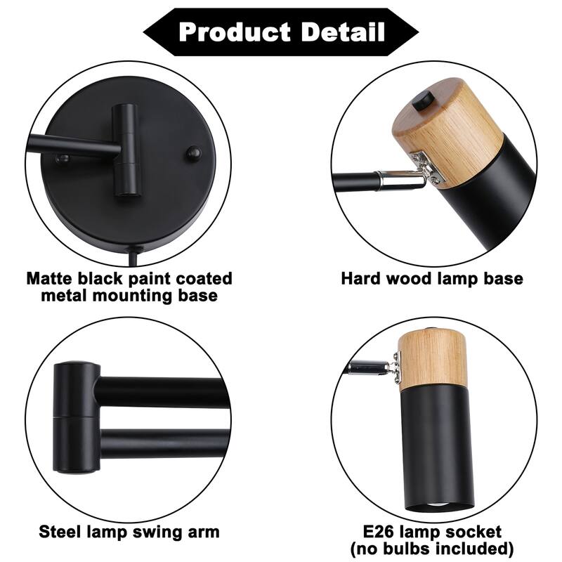 Industrial Adjustable Swing Arm Wall Lamp Wall Sconce with Plug in Cord, Modern White/Black Finish with Wood Head