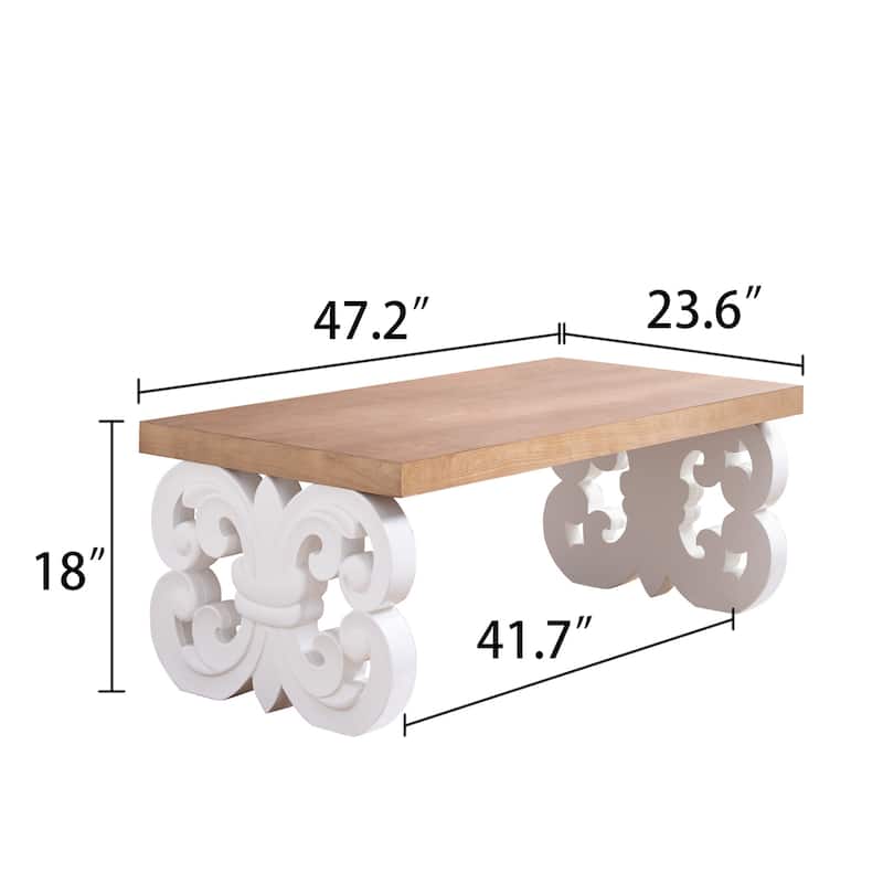 47" Rectangular Farmhouse Coffee Table with Carved Scroll Base and Natural Wood Top, Rustic Accent Center Table
