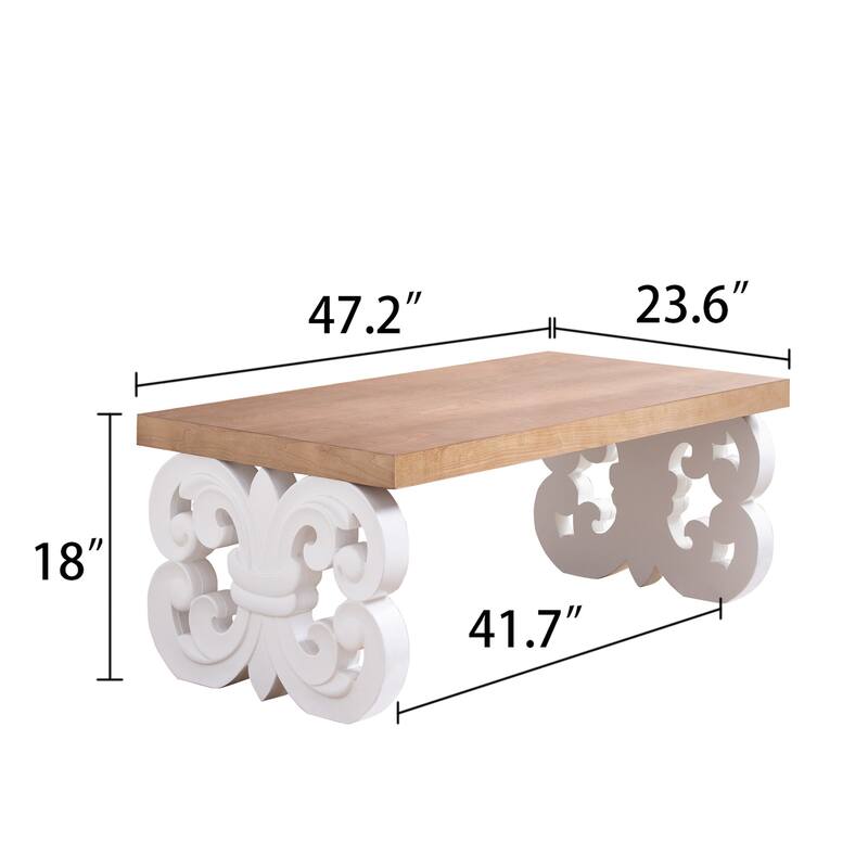 Wood Coffee Table-47" Rectangular Table With Carved Base And Natural Wood Top