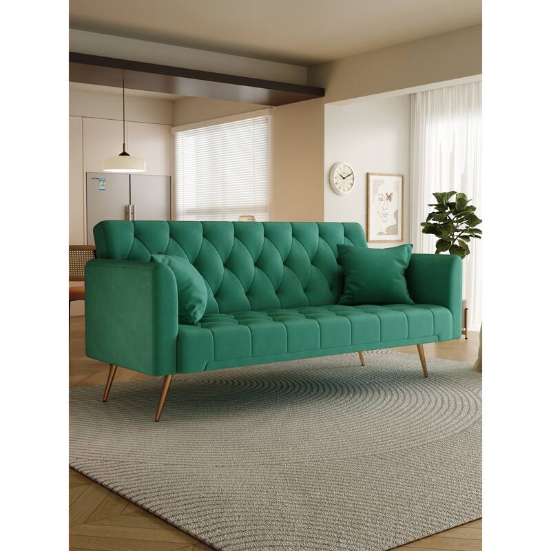 Velvet Loveseat Sofa Adjustable Backrest Sleeper Sofa Bed with 2 Pillow Upholstered Deep Seat Sofa, Tufted Couch