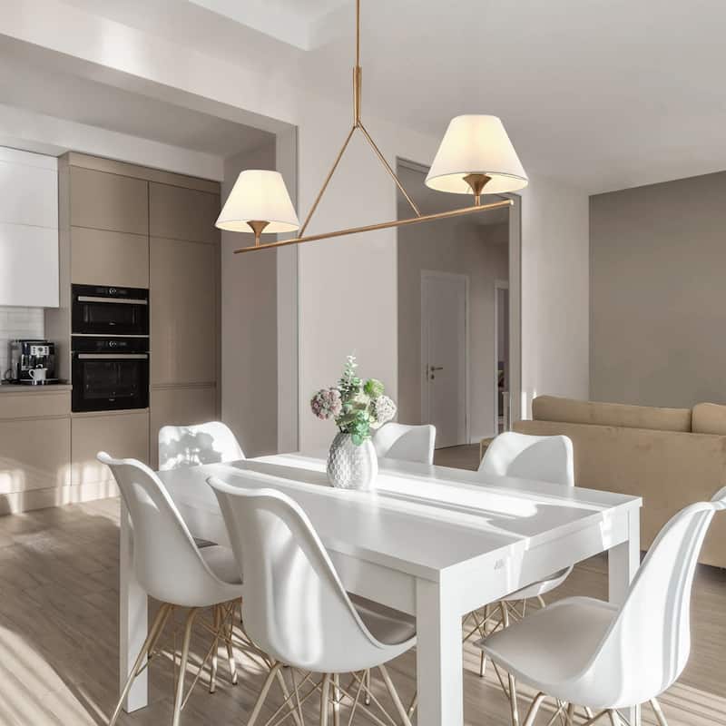 Farmhouse 2-Light Linear Kitchen Island Chandelier with White Fabric Lampshades