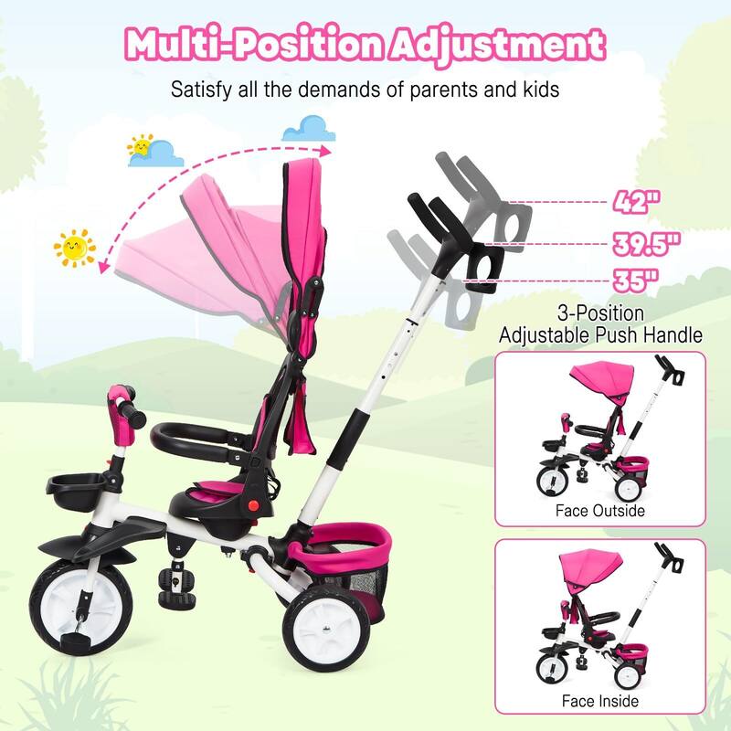 Baby Tricycle, 7 in 1 Folding Toddler Bike w/Removable Adjustable Push Handle