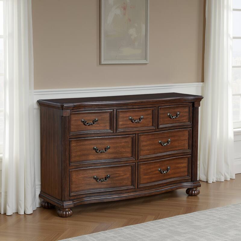 Laon Wide Dresser, 7 Drawer, 60 inch, Solid Cherry Brown Hardwood