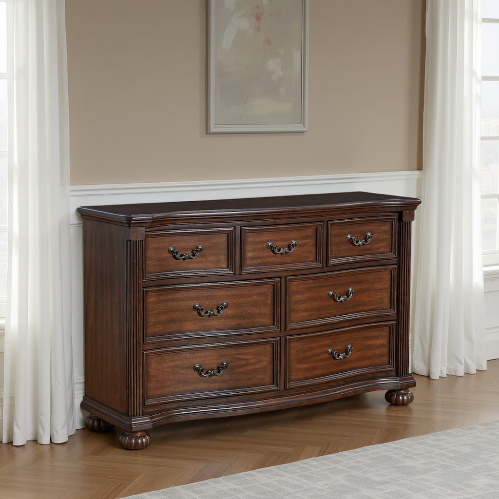 Laon Wide Dresser, 7 Drawer, 60 inch, Solid Cherry Brown Hardwood