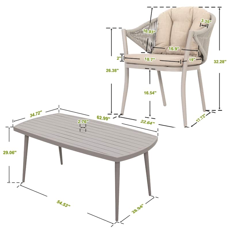 Patio 7-Piece Dining Set with Cushions and Pillows, Umbrella Hole, Beige