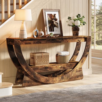 63-Inch Console Table for Entryway , 2-Tier Sofa Table with Storage Shelves & Arched Frame, Farmhouse Style