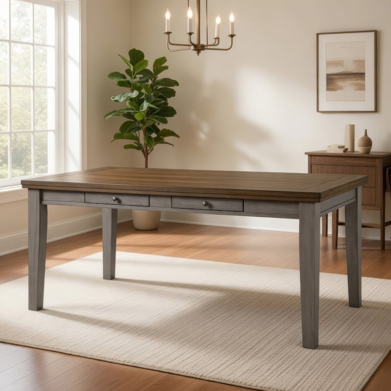 Trea 78 Inch Dining Table, 6 Drawers, Plank Top, 6 Seater, Gray, Brown