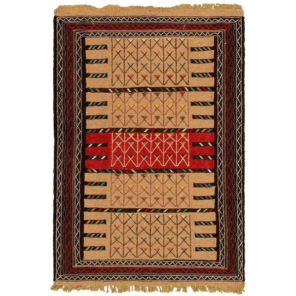 eCarpet Gallery Area Rug for Living Room Bedroom 321028 Ottoman Natura Bordered Red Kilim 3'7 x 5'11 Hand-Knotted Wool Rug 