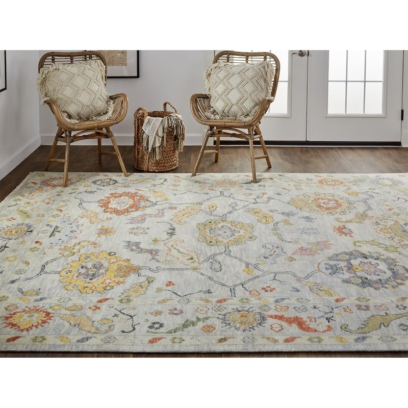 Larson Luxe Hand Knot Botanical Rug, Gray/Yellow/Orange