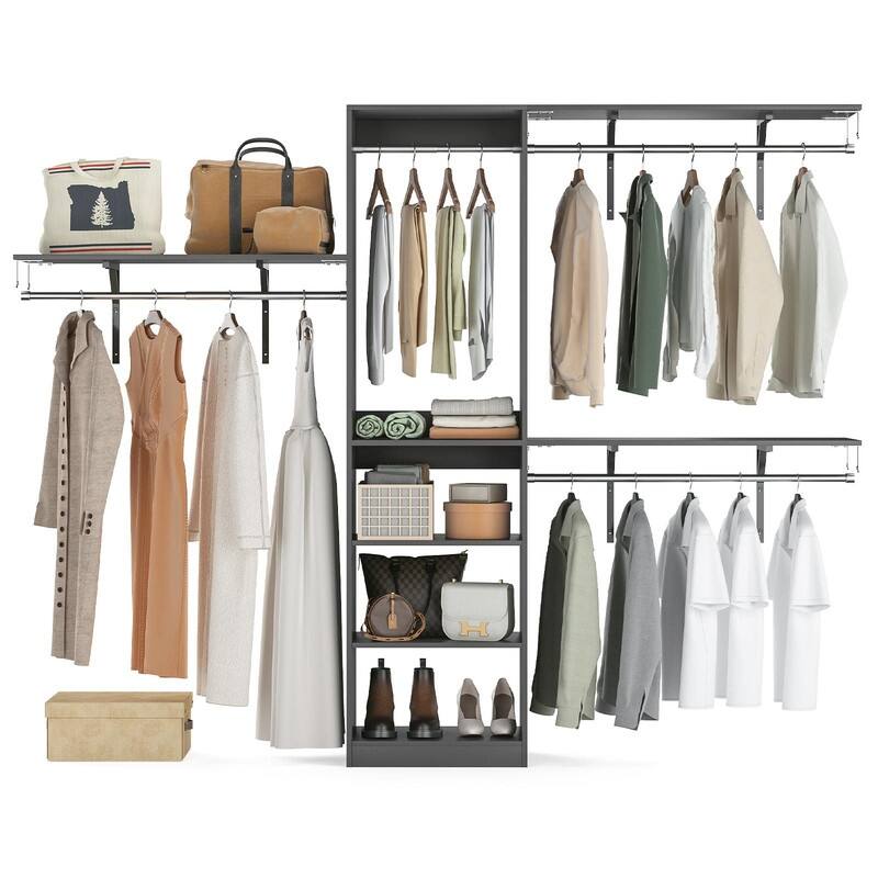 Heavy-Duty Wood Walk-In Closet Organizer - Adjustable Wardrobe System with 4 Hanging Rods & 5 Shelves for 8 ft Spaces - Grey
