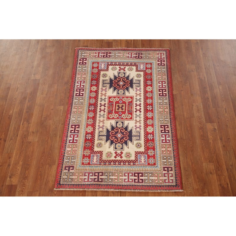 Geometric Beige Kazak Oriental Accent Rug Handmade Wool Carpet - 3'1"x 4'8"