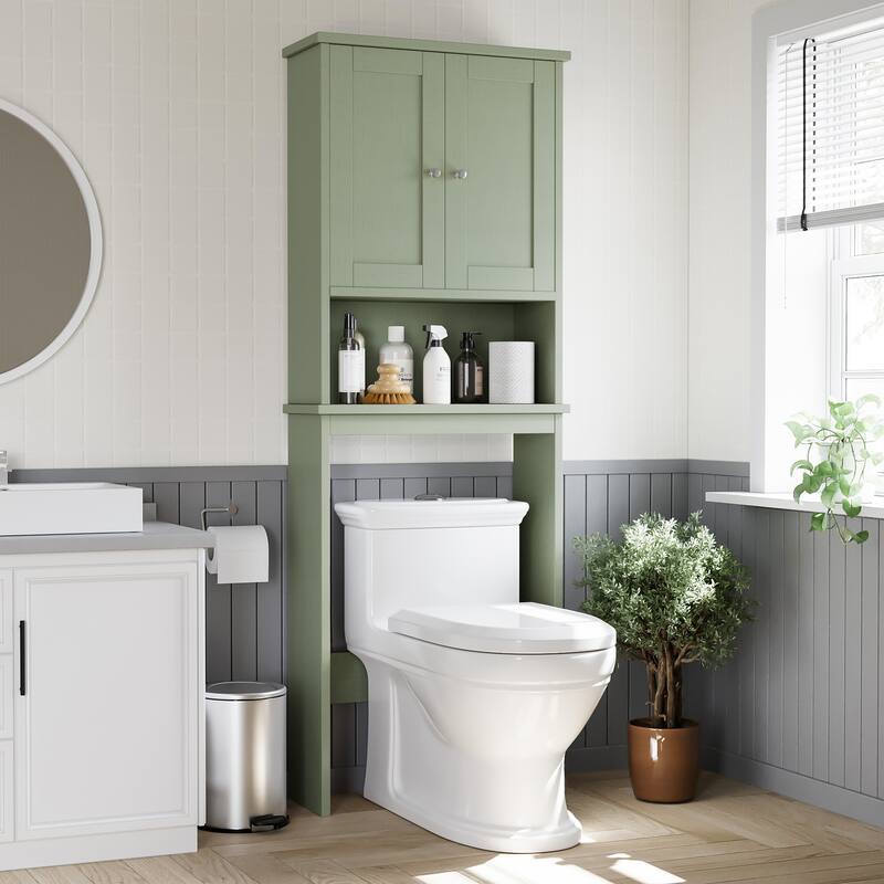 Futzca Over The Toilet Storage Cabinet with Adjustable Shelf & Glass Door - N/A - Wooden/Green