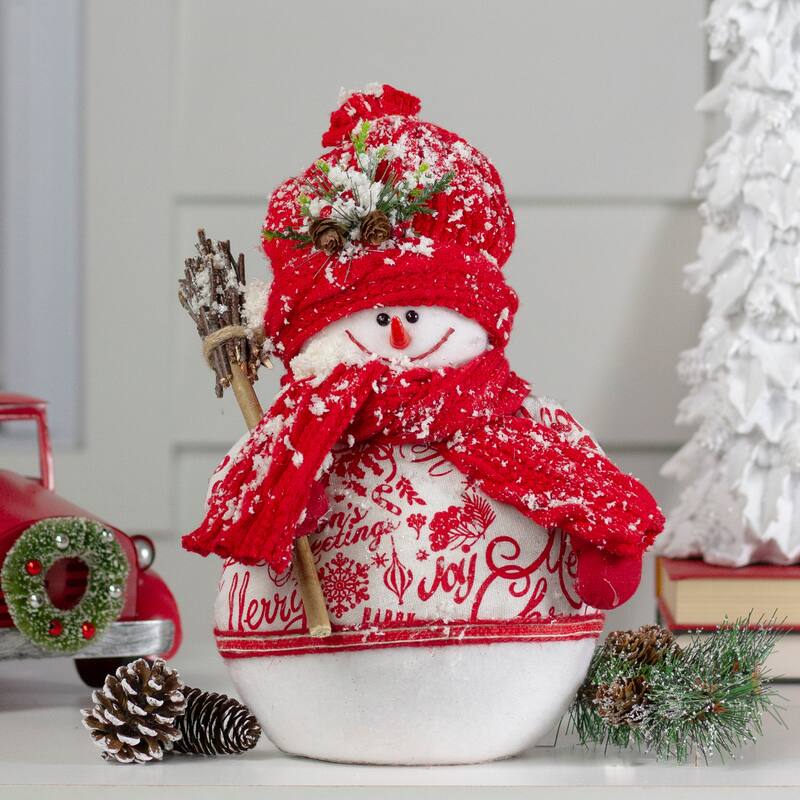 12.25" Red and White Standing Snowman Table Top Christmas Figure with Broom