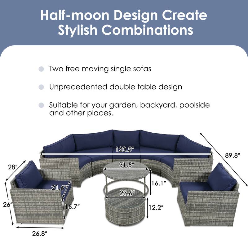 9 Piece Half-Moon Outdoor Sofa Set, All-Weather Rattan Conversation Furniture Set, Round Sofa Set with Coffee Table