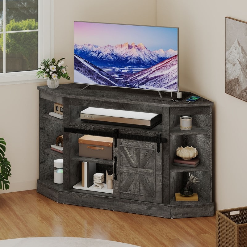 Moasis 47.2" W Corner TV Stand with Power Outlet, Barned-Door Cabinet