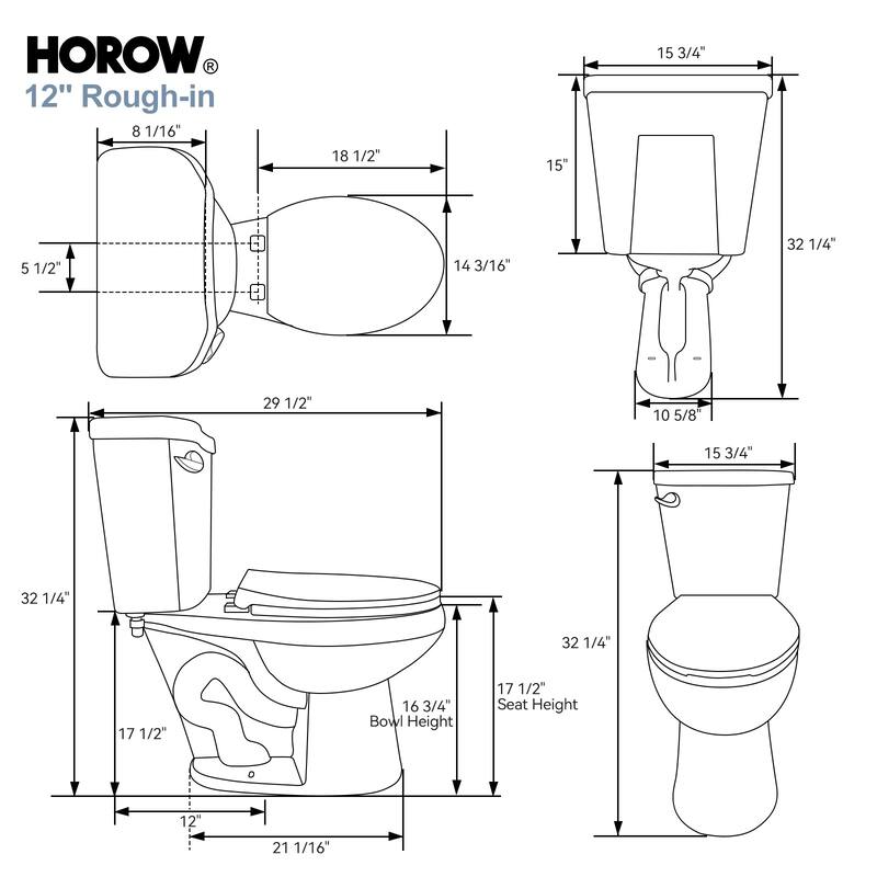 HOROW 2 Piece ADA Height Single Flush Elongated Toilet White 1.28 GPF Strong Flush Soft Close Seat - 17 Inch