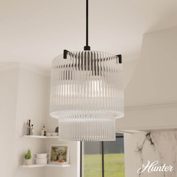 slide 2 of 10, Hunter + Jasmine Roth Ontario Ribbed Glass Pendant Chandelier - Foyer, Dining Room, Kitchen Table or Island - Transitional, Glam 3-Light - Matte Black