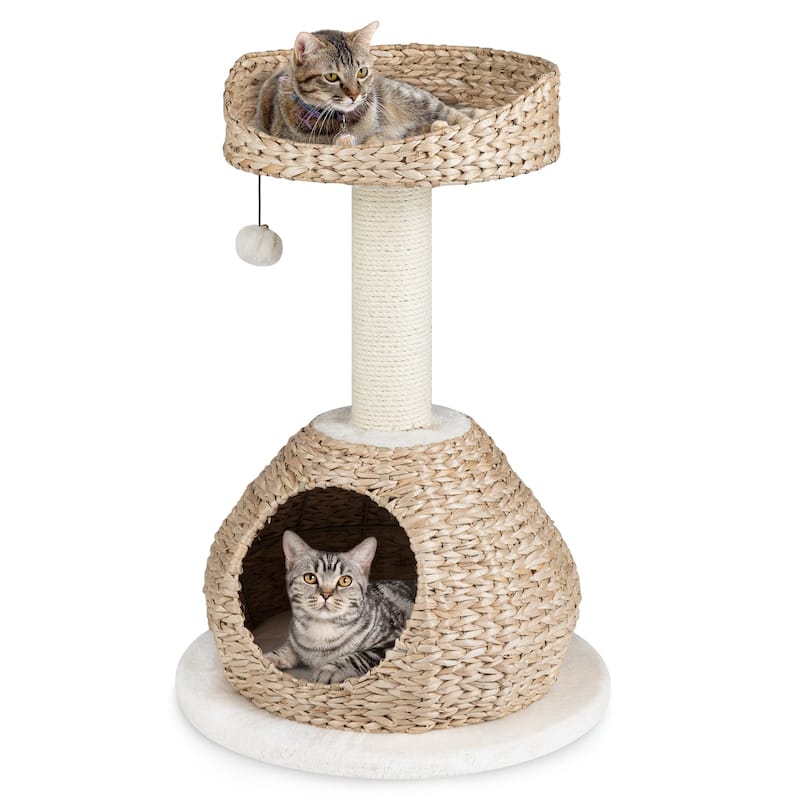 Gymax 28'' Hand-Made Cat Tree Tower Natural Bowl Shaped w/Perch - White