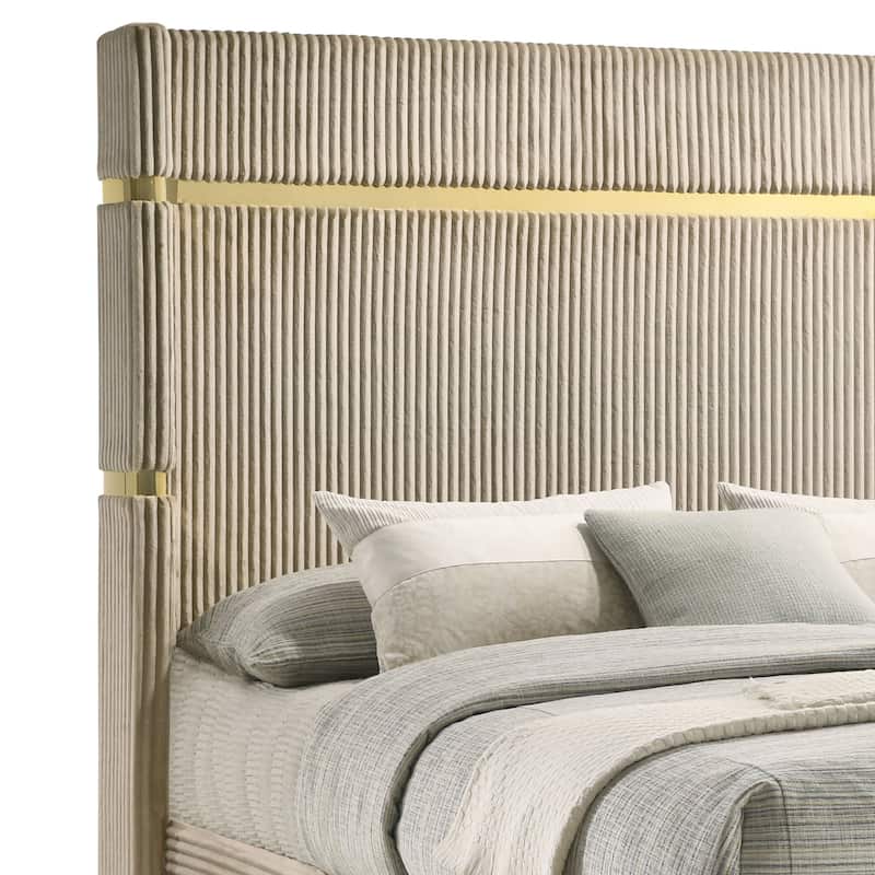 Jenny Queen Size Bed, Fluted Wingback Headboard, Beige Upholstery Gold Trim