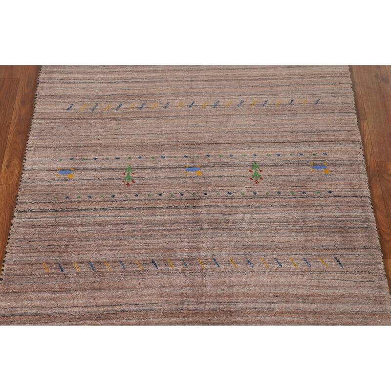 Hand Knotted Oriental 100% Wool Carpet Tribal Stripe Brown Gabbeh Area Rug - 4' 10'' X 3' 0''
