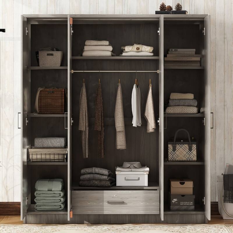 Modern Wardrobe with 4-Door and 1 Drawer, High Cabinet Closet, Tall Bedroom Armoires with Shelves and Hanging Rods for Bedroom