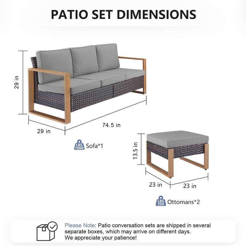 Pocassy 3 Pieces Outoor Patio Sofa Chair Ottoman Set